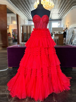 Adelyn |A-Line Sweetheart Tiered Long Tulle Prom Dress