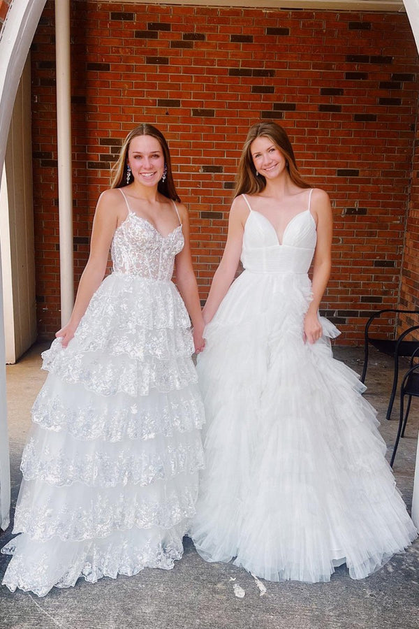 A Line Spaghetti Straps Tiered Lace Prom Dress – Prom Dress by KissProm | Available at KissProm