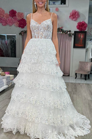 A Line Spaghetti Straps Tiered Lace Prom Dress – Prom Dress by KissProm | Available at KissProm