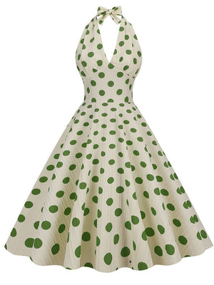 Polka Dots Halter Audrey Hepburn Style 1950S Vintage Dress With Bow Backless - KissProm