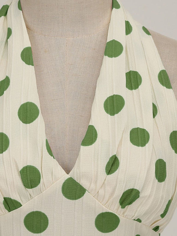 Polka Dots Halter Audrey Hepburn Style 1950S Vintage Dress With Bow Backless - KissProm