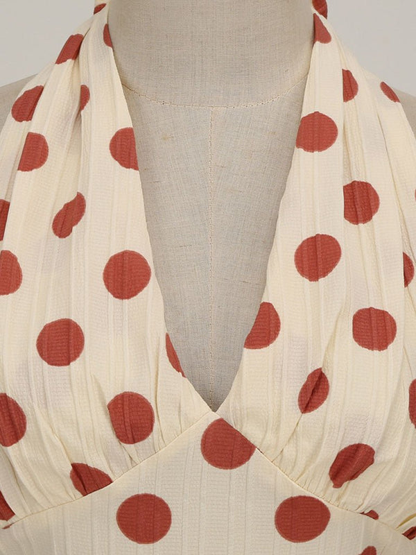 Polka Dots Halter Audrey Hepburn Style 1950S Vintage Dress With Bow Backless - KissProm