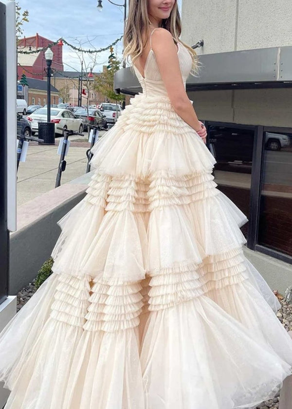 Tulle Deep V Neck Spaghetti Straps Long Prom Dress – Prom Dress by KissProm | Available at KissProm