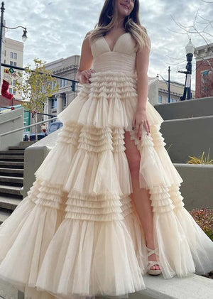 Tulle Deep V Neck Spaghetti Straps Long Prom Dress – Prom Dress by KissProm | Available at KissProm