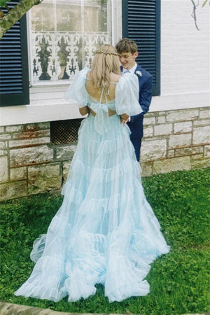 Rosalina |A Line Tow - Piece Tulle Prom Dress with Slit - KissProm