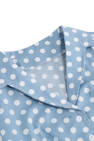 Hepburn Style V Neck Blue Polka Dots 1950s Dress - KissProm