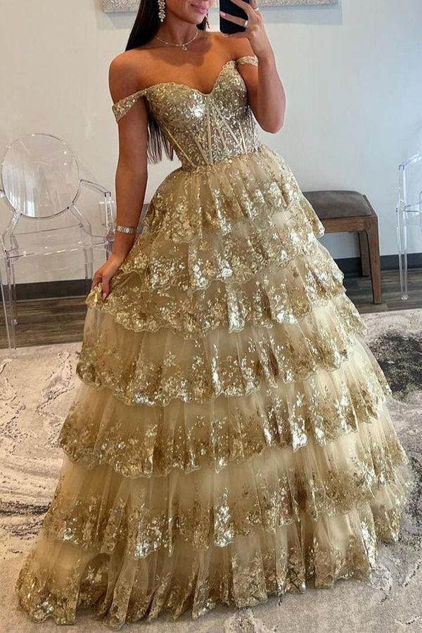 Leona |Princess Off the Shoulder Sequined Lace Prom Dress