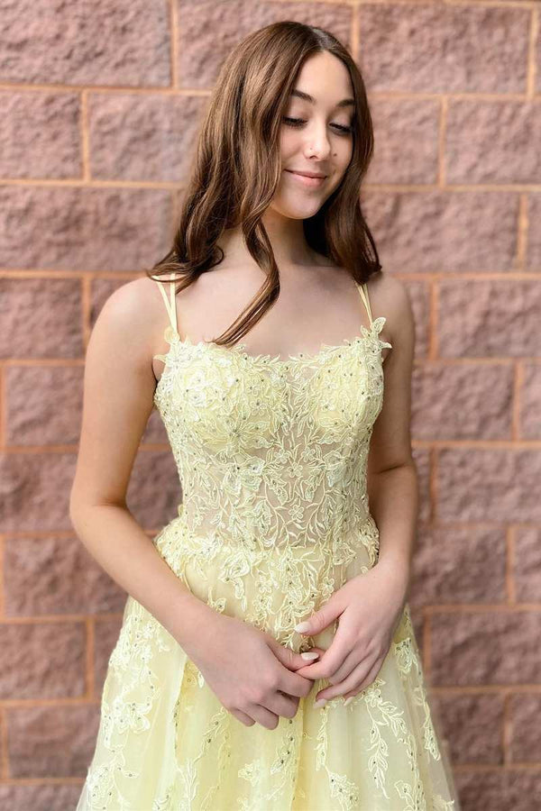 Laylah |A - Line Yellow Tulle Applique Lace - Up Prom Dress - KissProm