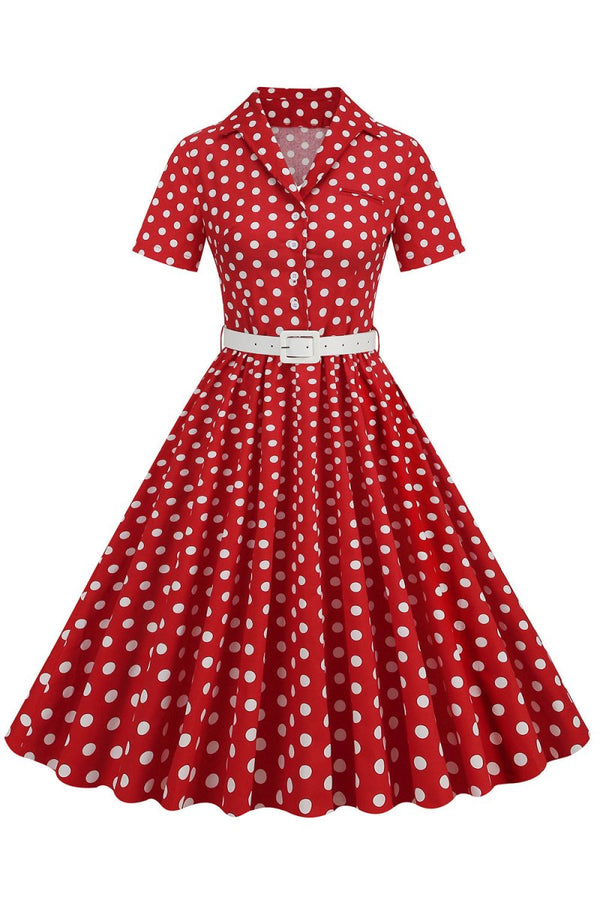 Hepburn Style V Neck Blue Polka Dots 1950s Dress - KissProm