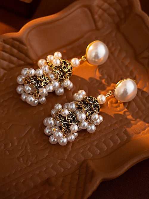 Golden Vintage Dangle Tassel Pearl Earrings - KissProm