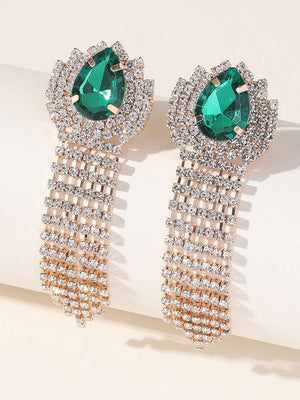 Green Teardrop Rhinestones Tassel Long Earrings - KissProm