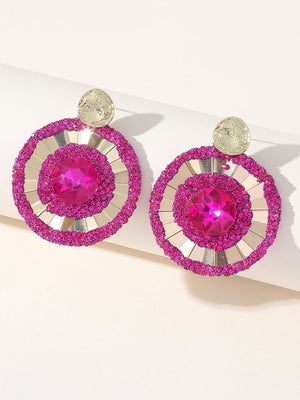 Fuchsia Flower Rhinestones Round Earrings - KissProm