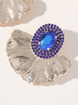 Royal Blue Rhinestones Leaf Floral Oval Earrings - KissProm