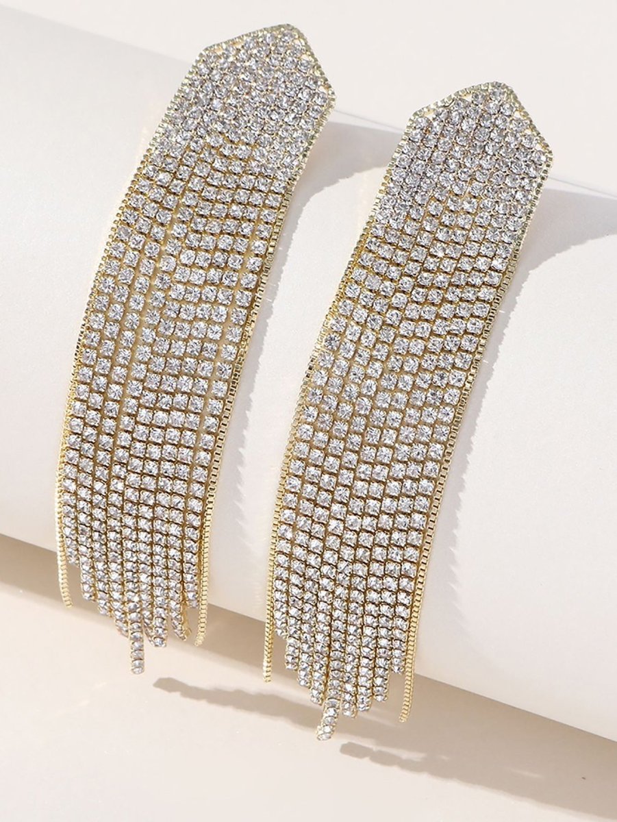 Golden Simple Rhinestones Tassel Long Earrings - KissProm