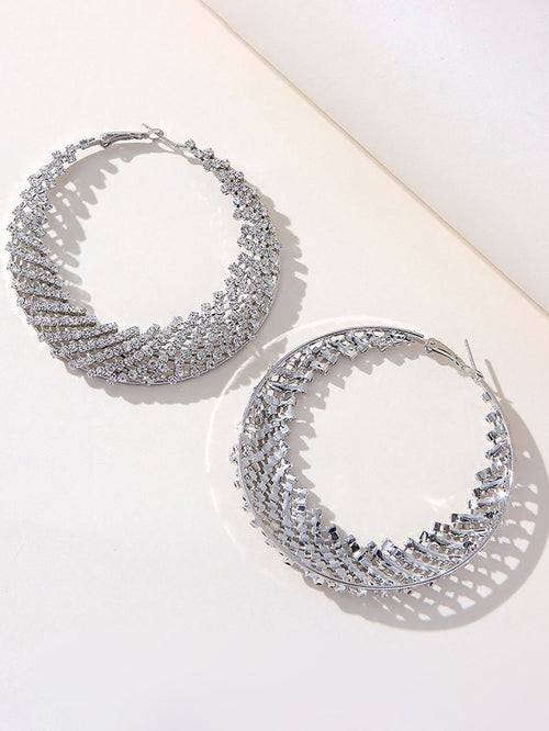 Silver Rhinestones Cutout Hoop Earrings - KissProm
