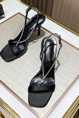 Square Toe Stiletto Black High Heels with Beading - KissProm