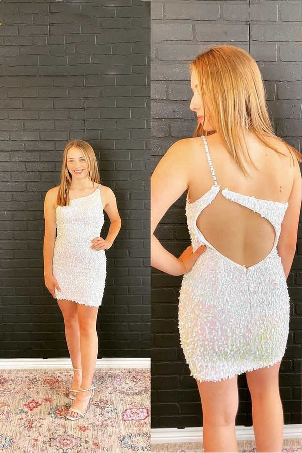 Cutout Back White Sequins Bodycon Homecoming Dress - KissProm