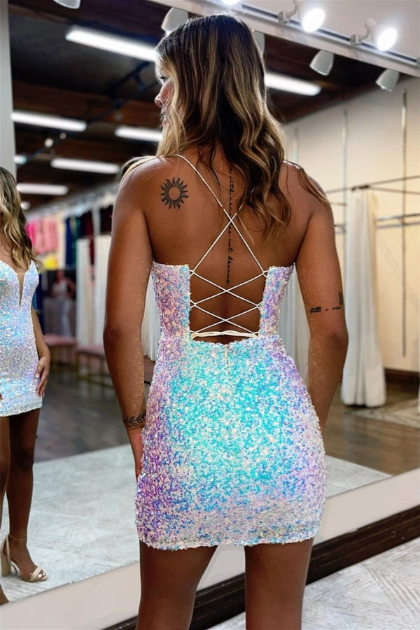 White Bodycon Deep V Neck Sequins Mini Party Dresses – Homecoming Dress by KissProm | Available at KissProm