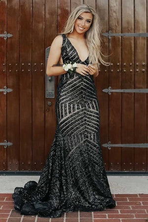 Nina | Red Mermaid Deep V Neck Sequins Prom Dress