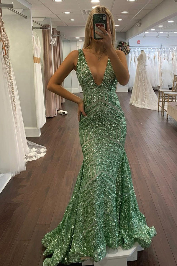Nina | Red Mermaid Deep V Neck Sequins Prom Dress