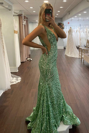 Nina | Red Mermaid Deep V Neck Sequins Prom Dress