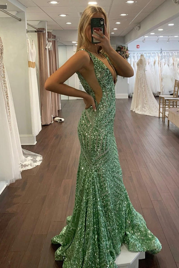 Nina | Red Mermaid Deep V Neck Sequins Prom Dress