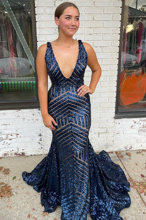 Nina | Red Mermaid Deep V Neck Sequins Prom Dress