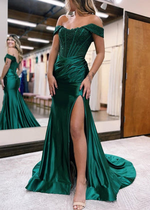 Mermaid Off the Shoulder Satin Prom Dress with Slit – Prom Dress by KissProm | Available at KissProm
