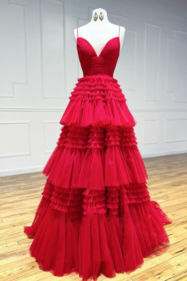 Tulle Deep V Neck Spaghetti Straps Long Prom Dress – Prom Dress by KissProm | Available at KissProm