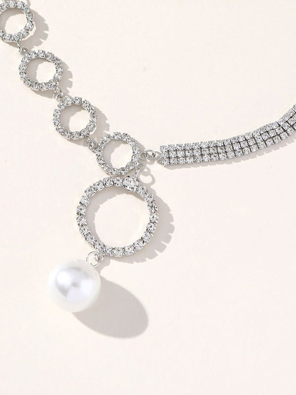 Silver Simple Rhinestones Pearl Asymmetrical Necklace - KissProm