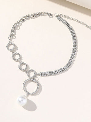 Silver Simple Rhinestones Pearl Asymmetrical Necklace - KissProm