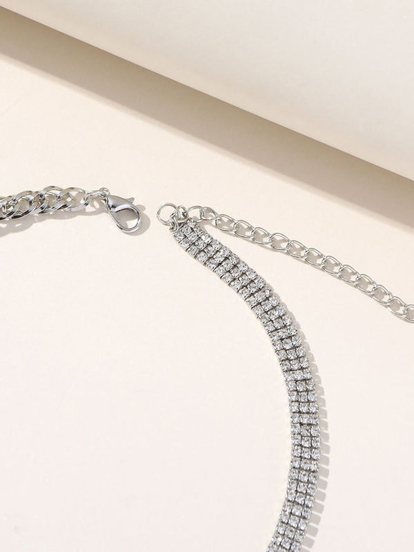 Silver Simple Rhinestones Pearl Asymmetrical Necklace - KissProm