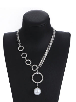 Silver Simple Rhinestones Pearl Asymmetrical Necklace - KissProm