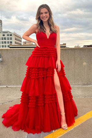 Tulle Deep V Neck Spaghetti Straps Long Prom Dress – Prom Dress by KissProm | Available at KissProm