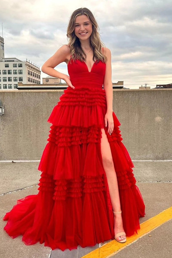 Tulle Deep V Neck Spaghetti Straps Long Prom Dress – Prom Dress by KissProm | Available at KissProm