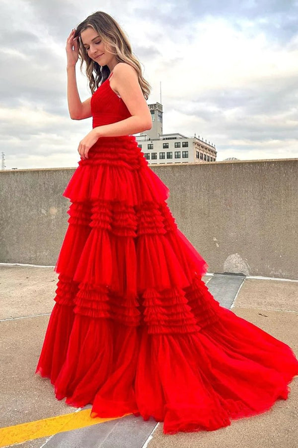 Tulle Deep V Neck Spaghetti Straps Long Prom Dress – Prom Dress by KissProm | Available at KissProm
