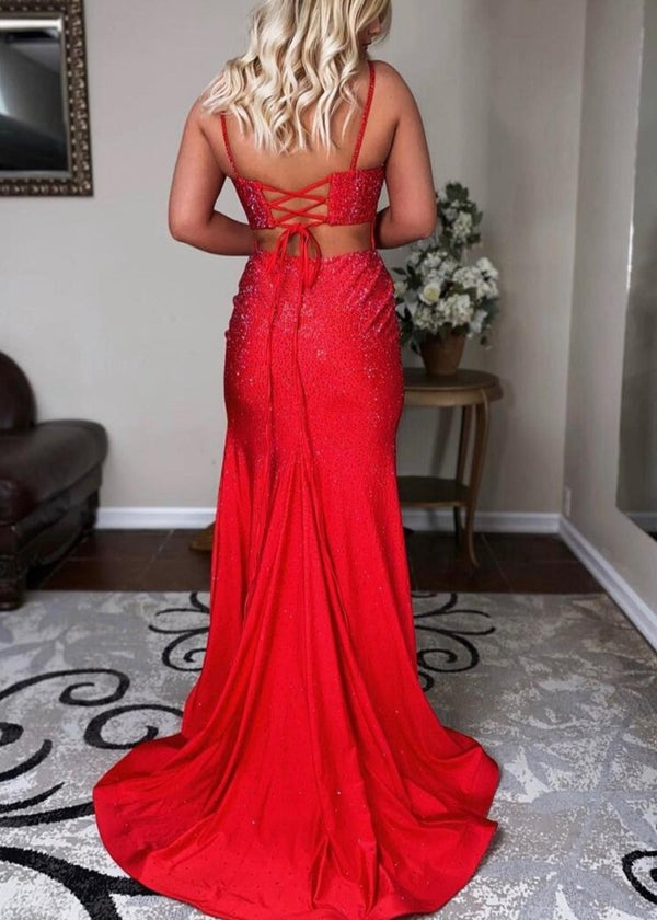 Emelia | Mermaid Spaghettti Strap Beaded Satin Prom Dress with Slit