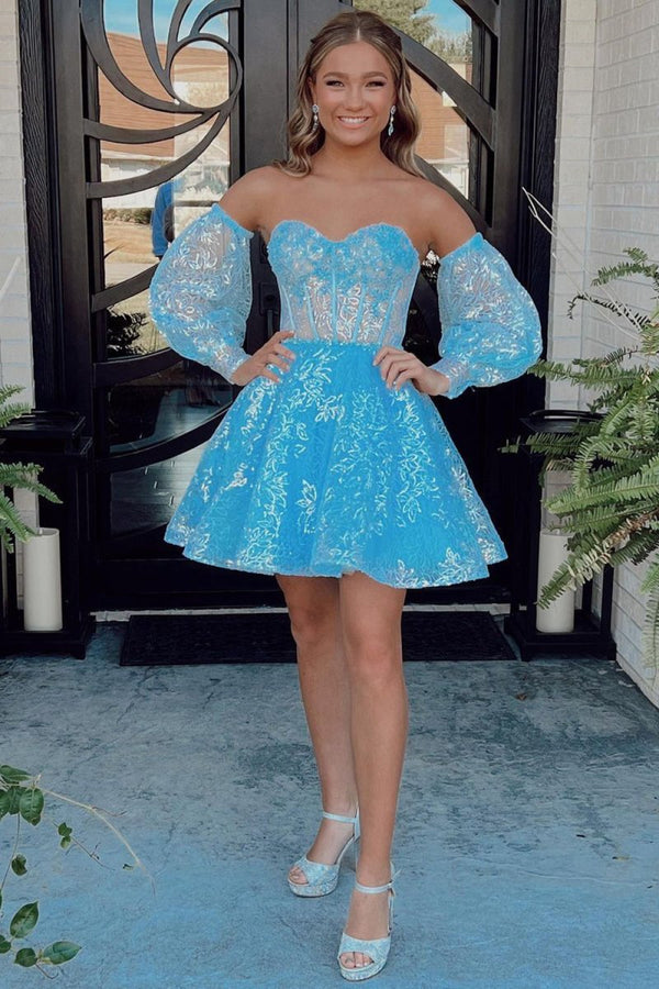 Skylar |A Line Sweetheart Corset Homecoming Dress with Sleeves