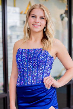 Karter |Sheath Strapless Satin Prom Dress with Slit - KissProm