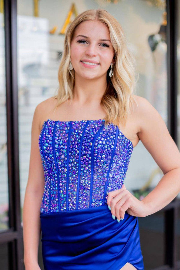 Karter |Sheath Strapless Satin Prom Dress with Slit - KissProm