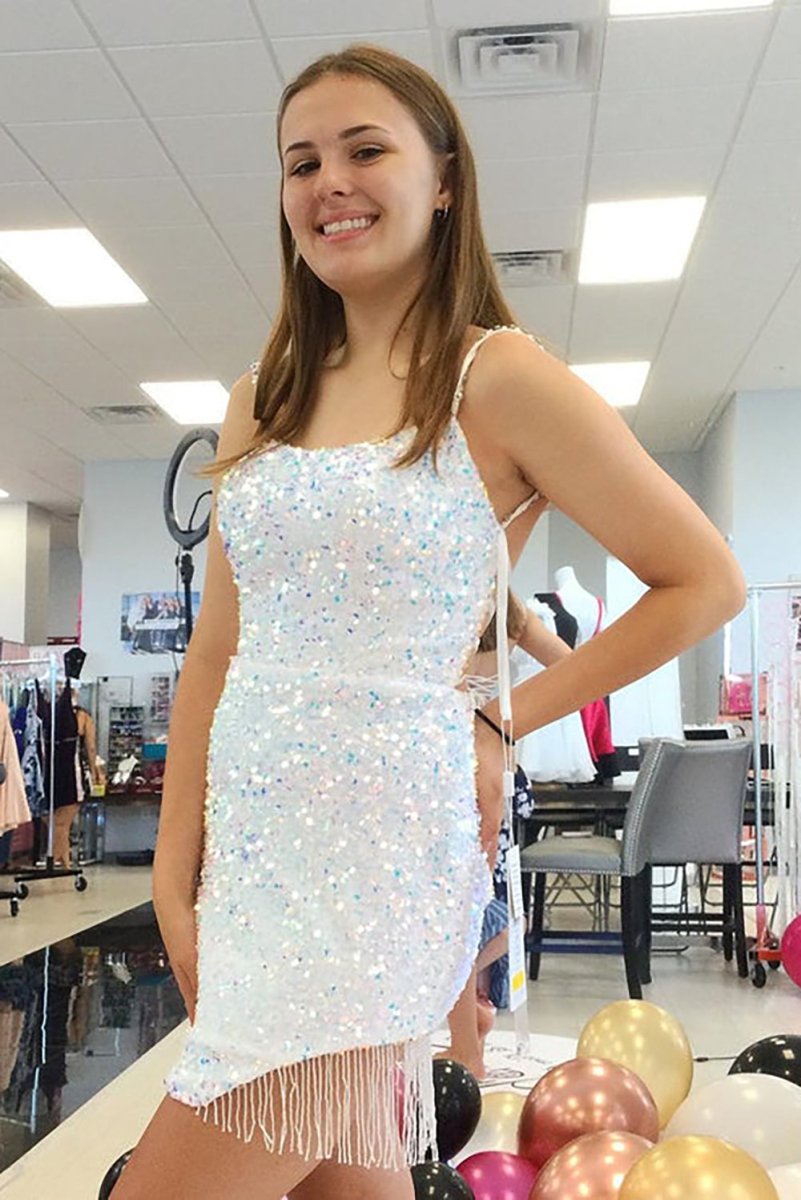 Cute White Sequins Spaghetti Straps Backless Short Homecoming Dresses - KissProm