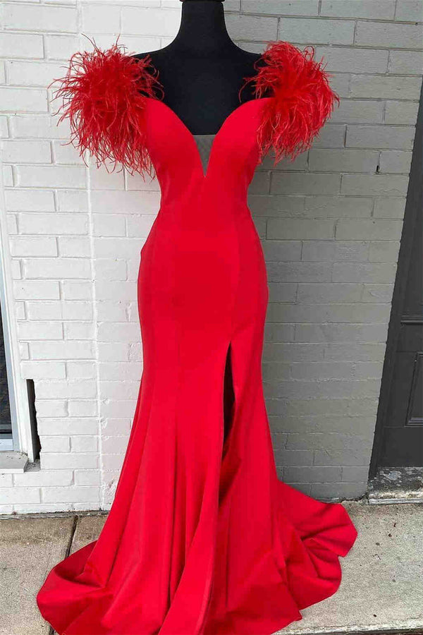 Plunging V - Neck Off the Shoulder Feathered Red Long Party Dress - KissProm