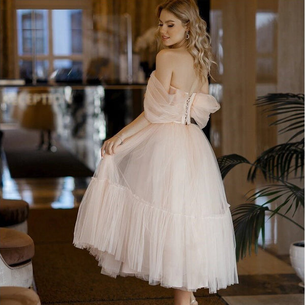 Regina |A Line Pink Tulle Tea Length Prom Dress